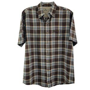 Timberland Men’s Size Large Brown Plaid Linen Blend Short Sleeve Outdoor Shirt